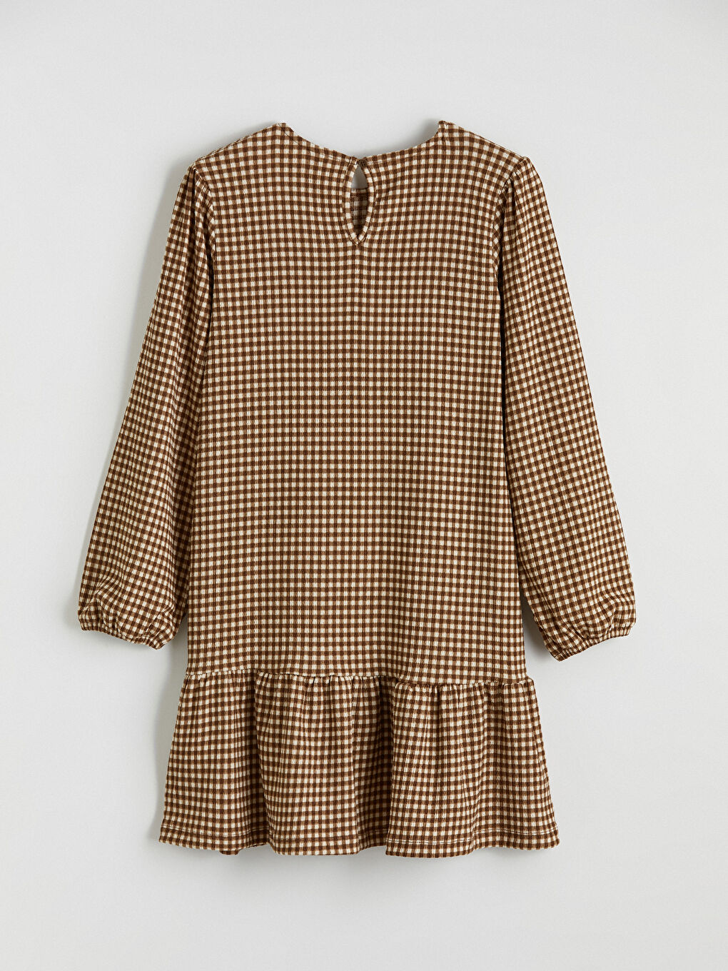 Ekru Fiyonk Detaylı Ekose Kız Çocuk Elbise-2