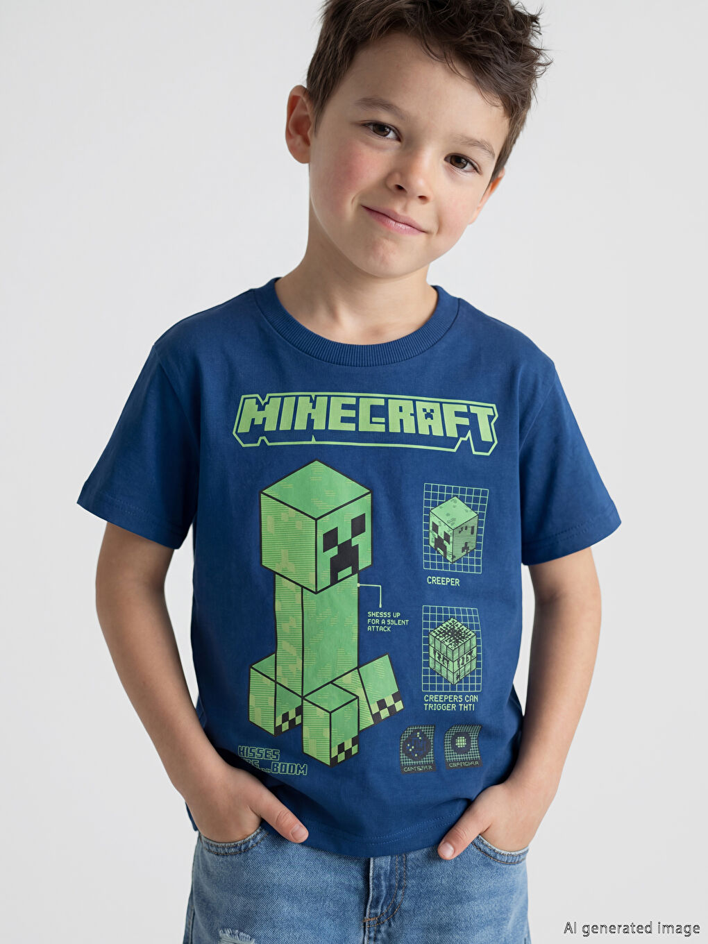 Crew Neck Minecraft Printed Boys' T-Shirt