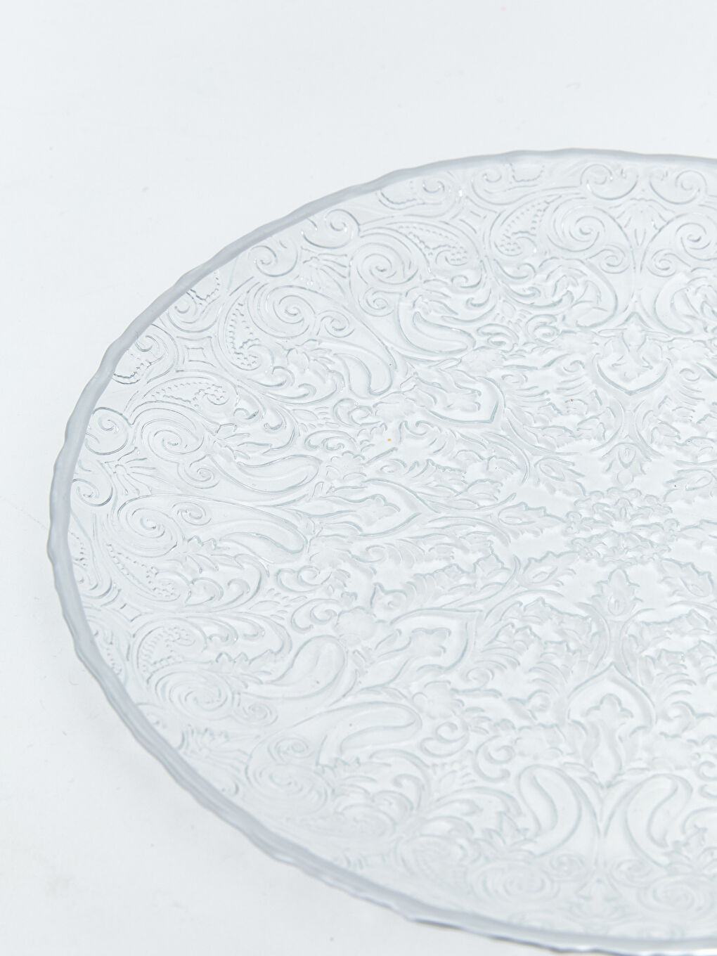 Renksiz Kabartma Desenli Yuvarlak Cam Servis Tabağı-2