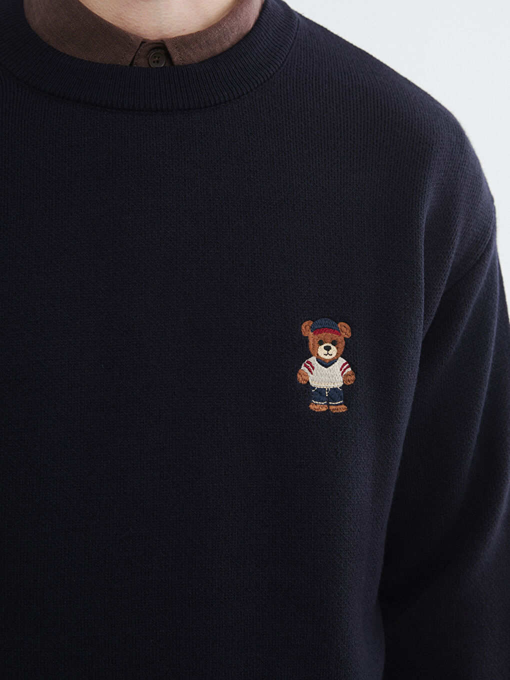 Lacivert Bisiklet Yaka Nakışlı Erkek Triko Kazak-2