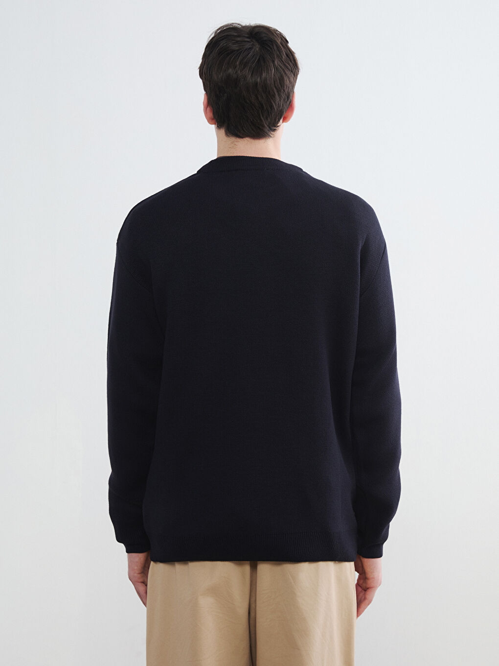 Lacivert Bisiklet Yaka Nakışlı Erkek Triko Kazak-3