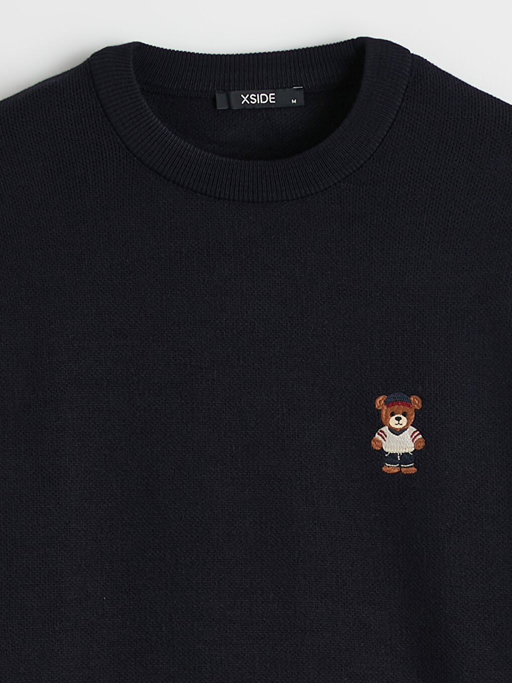 Lacivert Bisiklet Yaka Nakışlı Erkek Triko Kazak-5