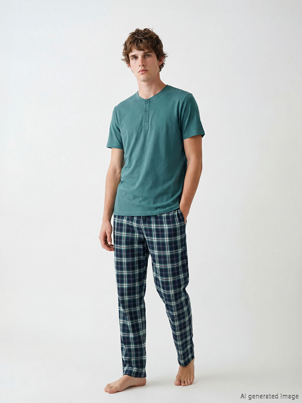 Yeşil Standart Kalıp Ekose Erkek Pijama Takımı-1