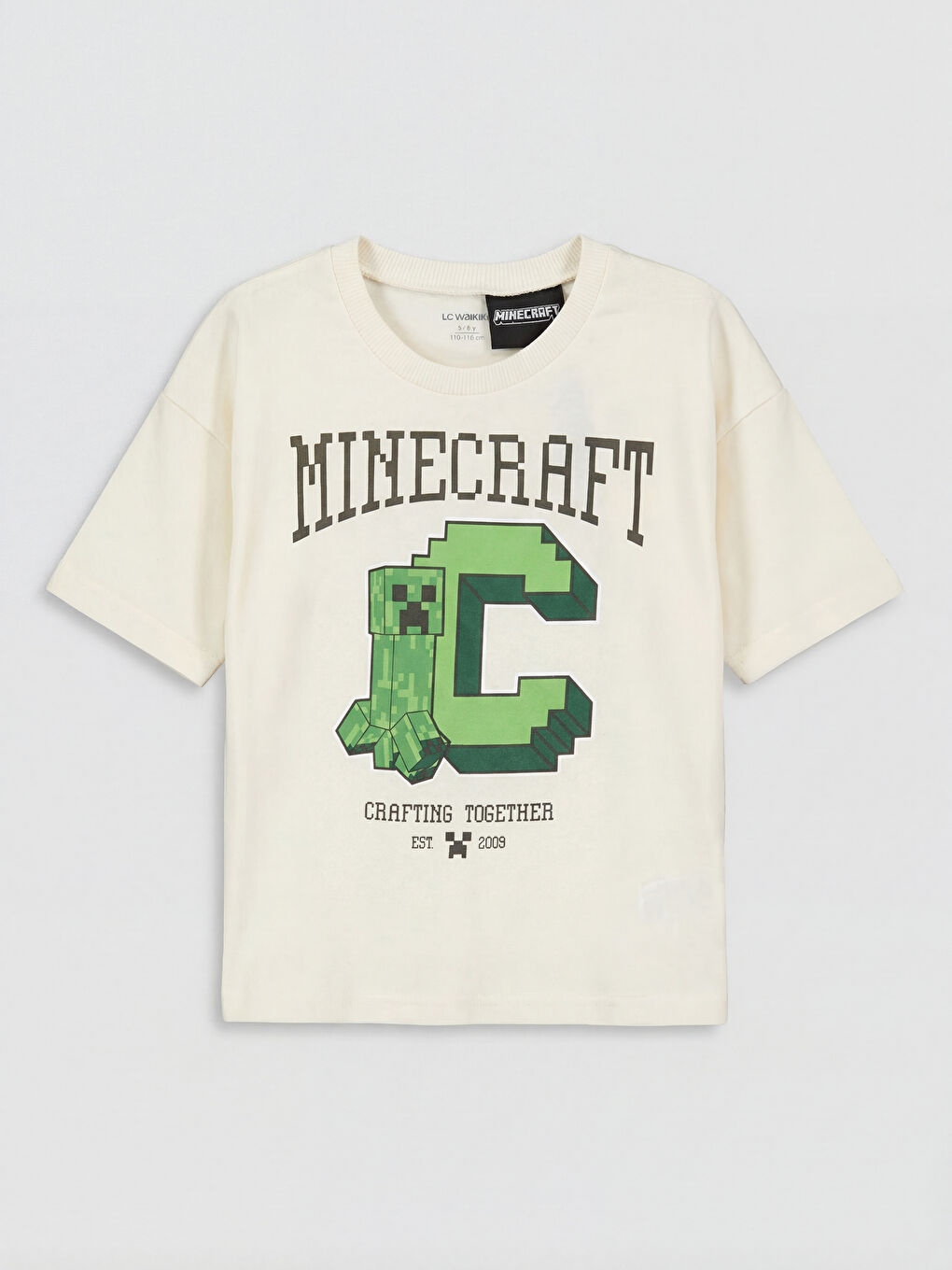 Bej Bisiklet Yaka Minecraft Baskılı Erkek Çocuk Tişört