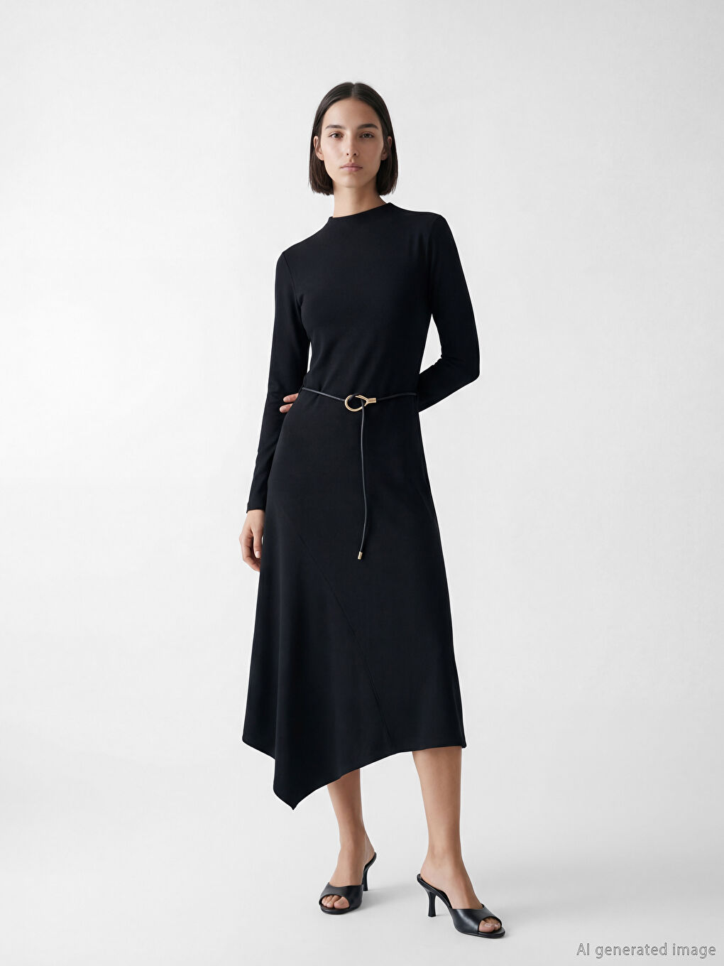 Siyah Beli Kemerli A Kesim Elbise