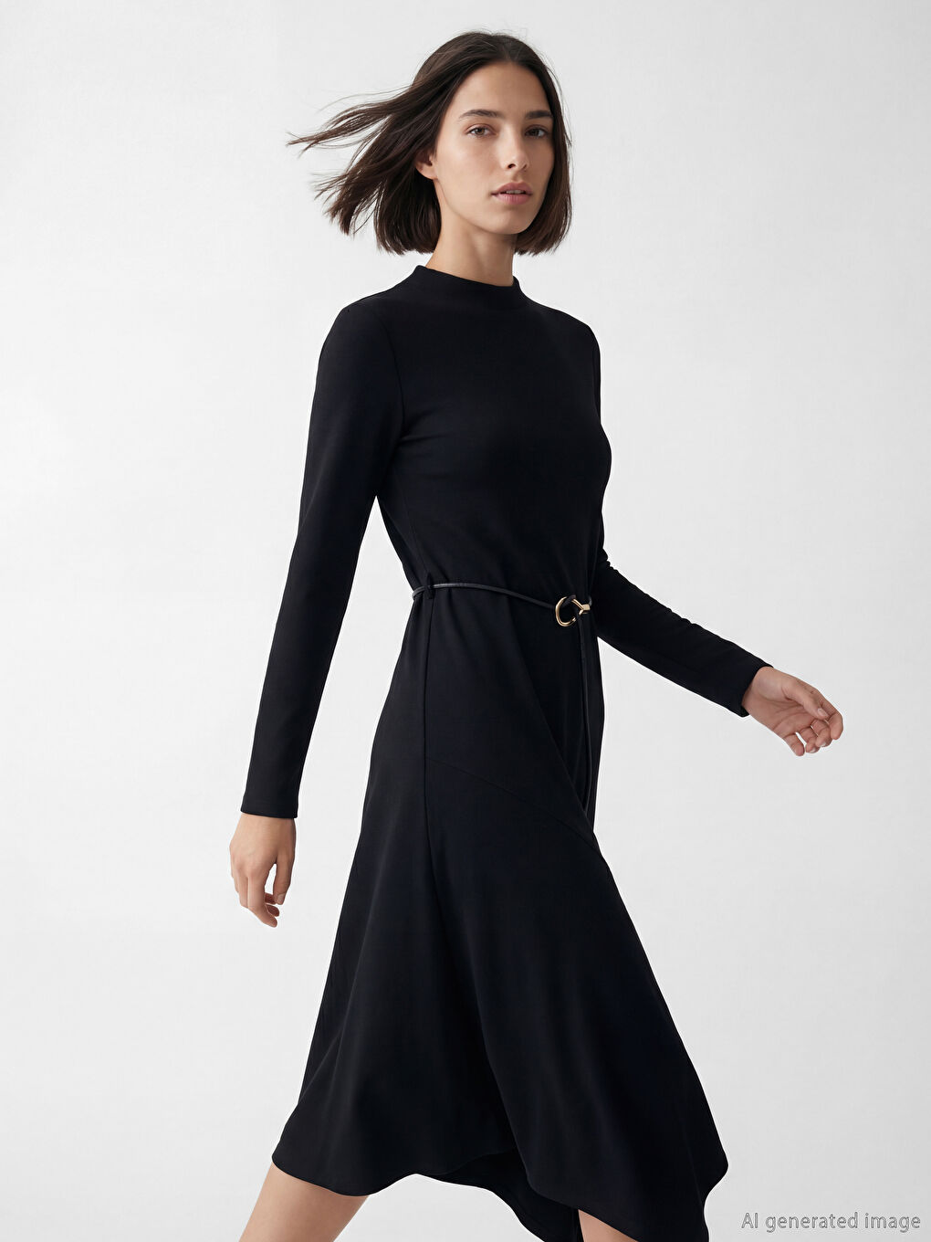 Siyah Beli Kemerli A Kesim Elbise-1