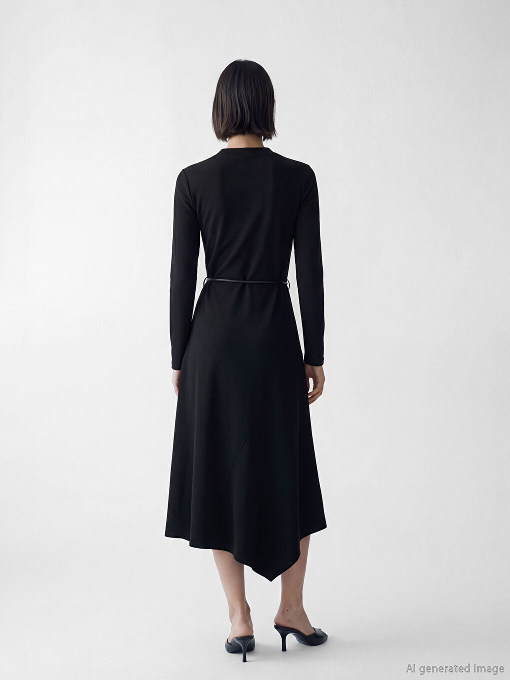 Siyah Beli Kemerli A Kesim Elbise-3