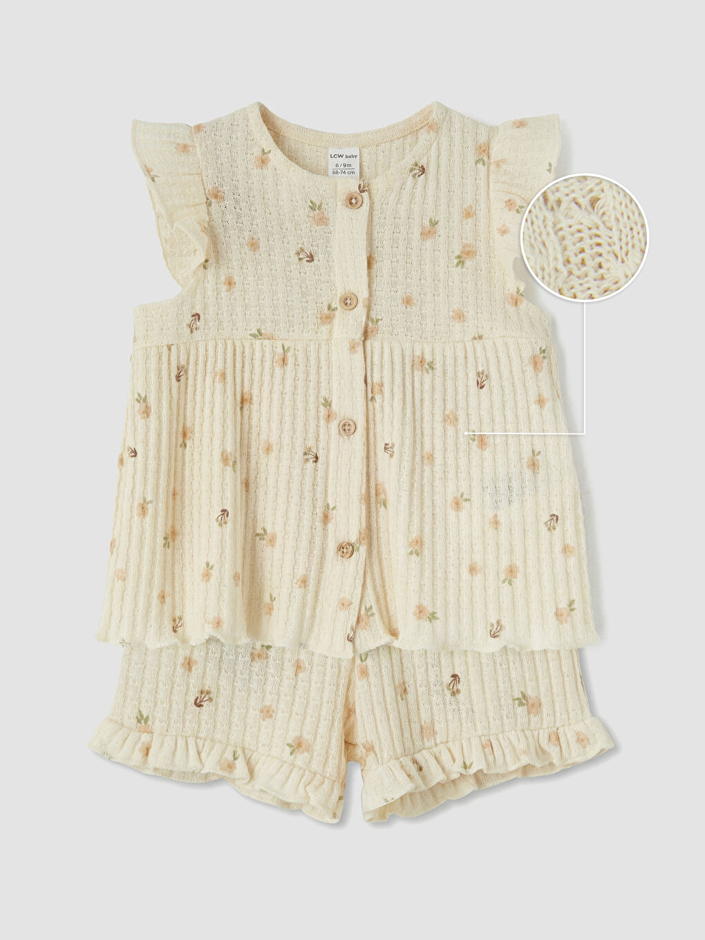 Ekru Çiçekli Kız Bebek Şortlu Takım