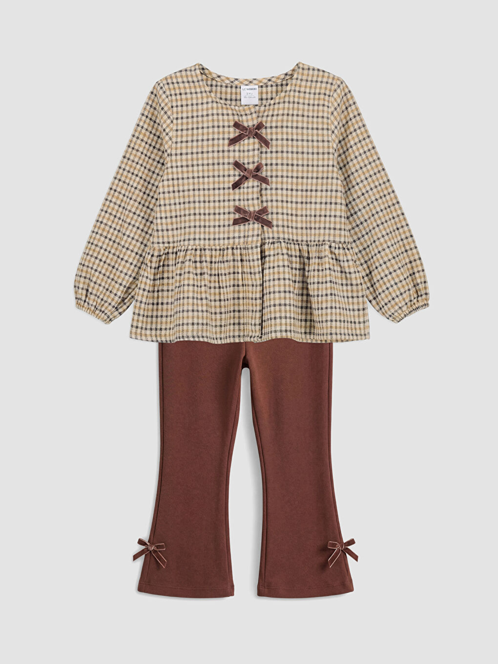 Kahverengi Fiyonk Detaylı Kız Çocuk Gömlek ve Tayt