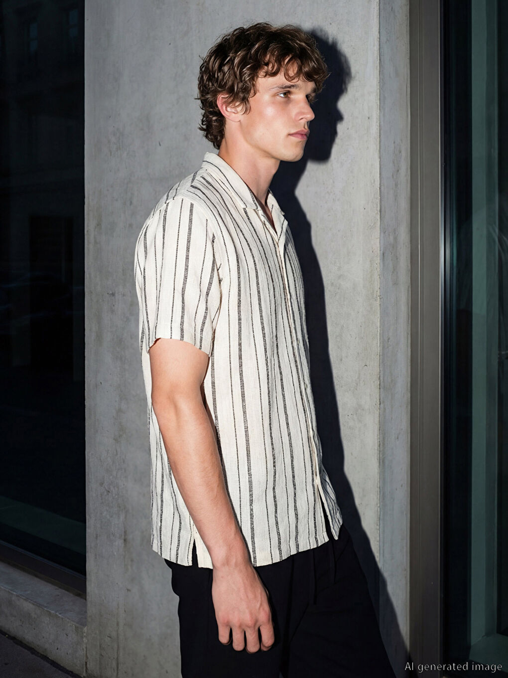 Ekru Regular Fit Çizgili Erkek Gömlek