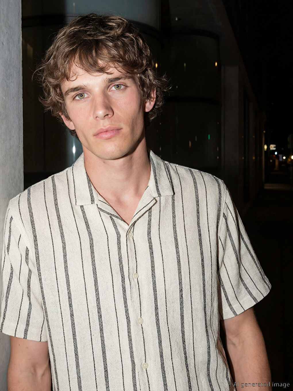 Ekru Regular Fit Çizgili Erkek Gömlek-1