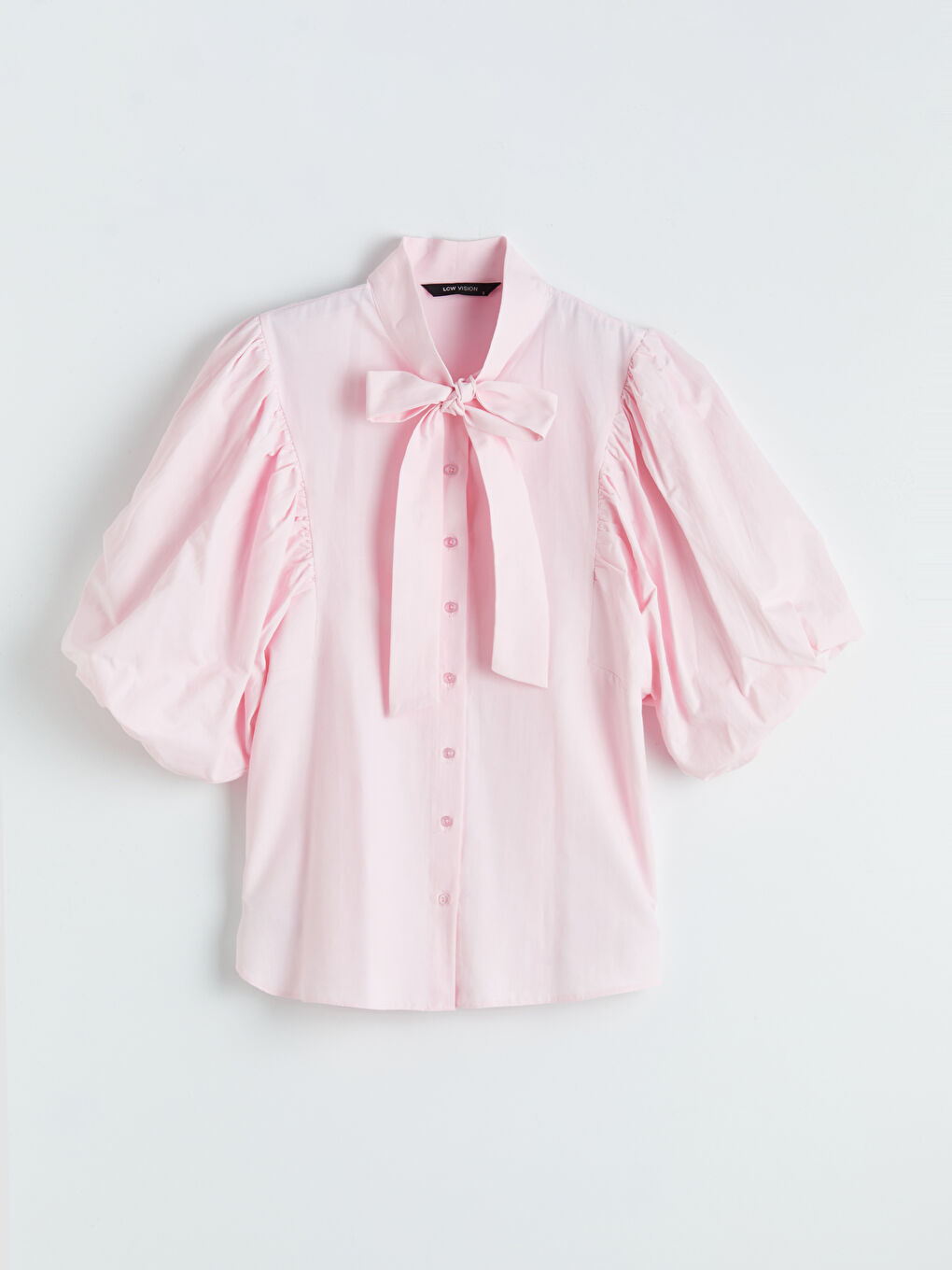 Pembe Fular Yakalı Balon Kollu Kadın Gömlek-3