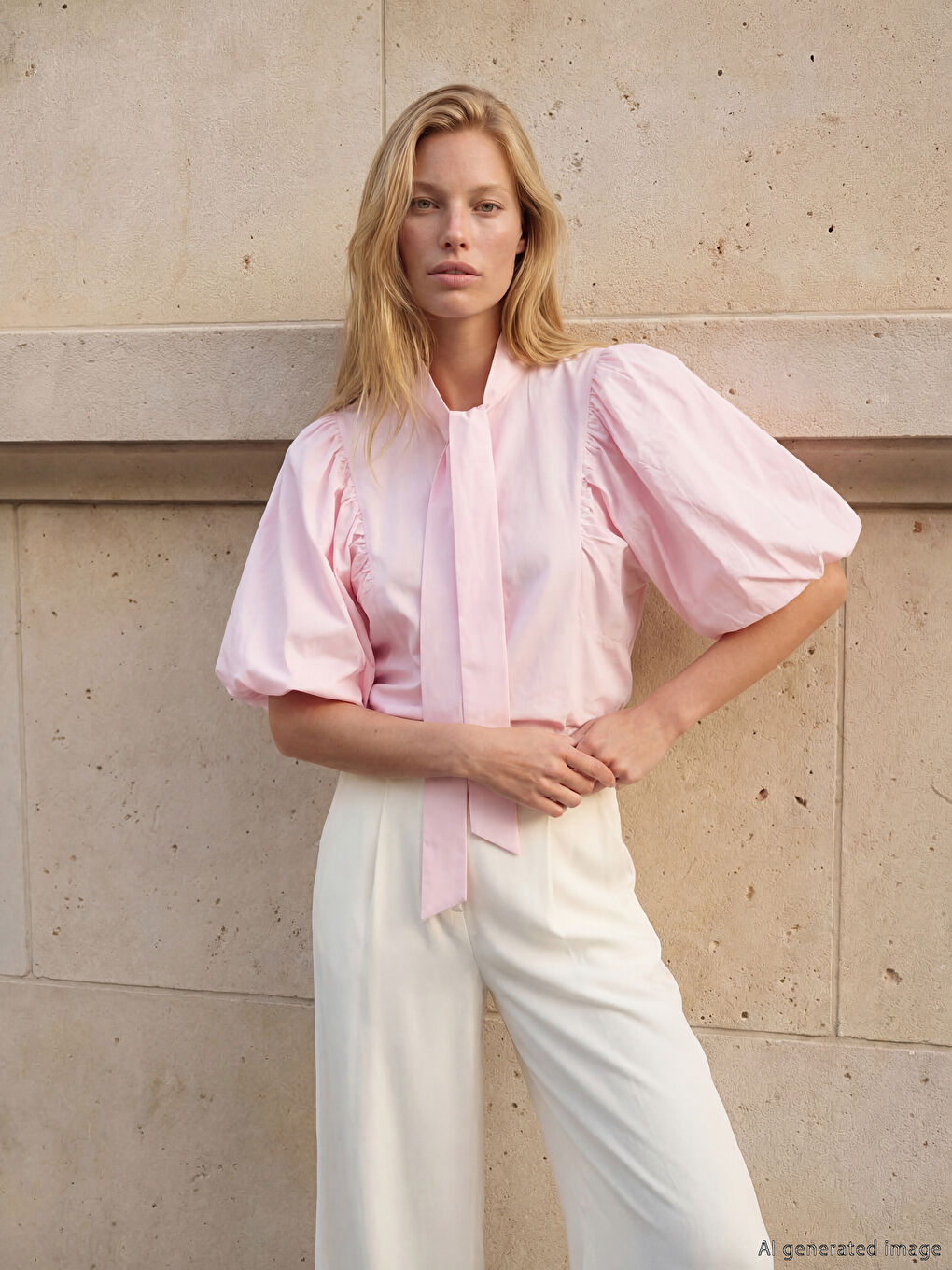 Pembe Fular Yakalı Balon Kollu Kadın Gömlek