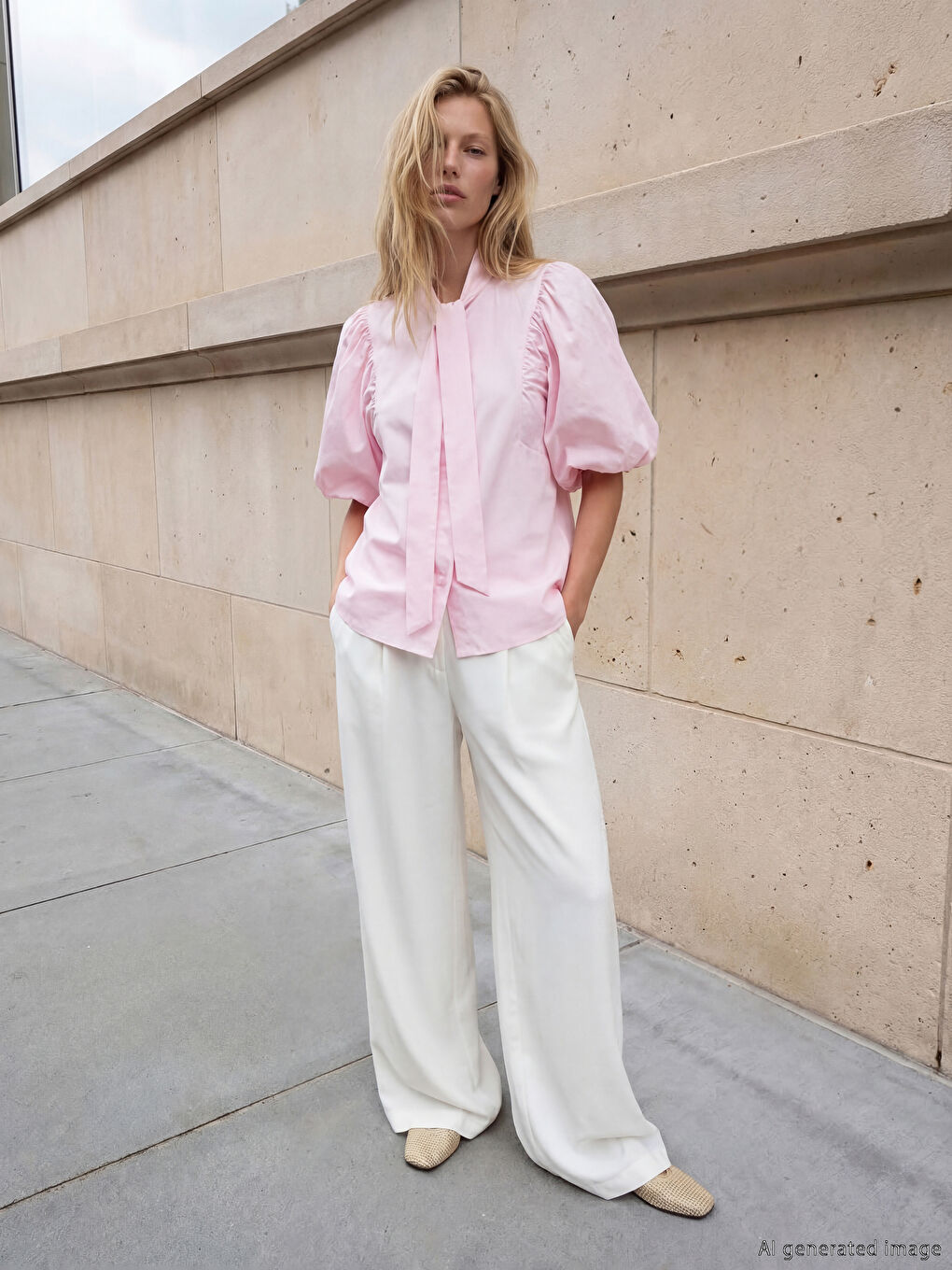 Pembe Fular Yakalı Balon Kollu Kadın Gömlek-1