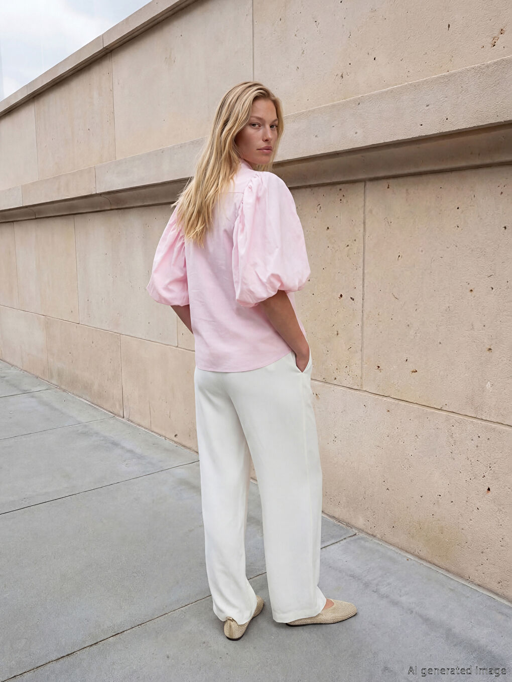 Pembe Fular Yakalı Balon Kollu Kadın Gömlek-2