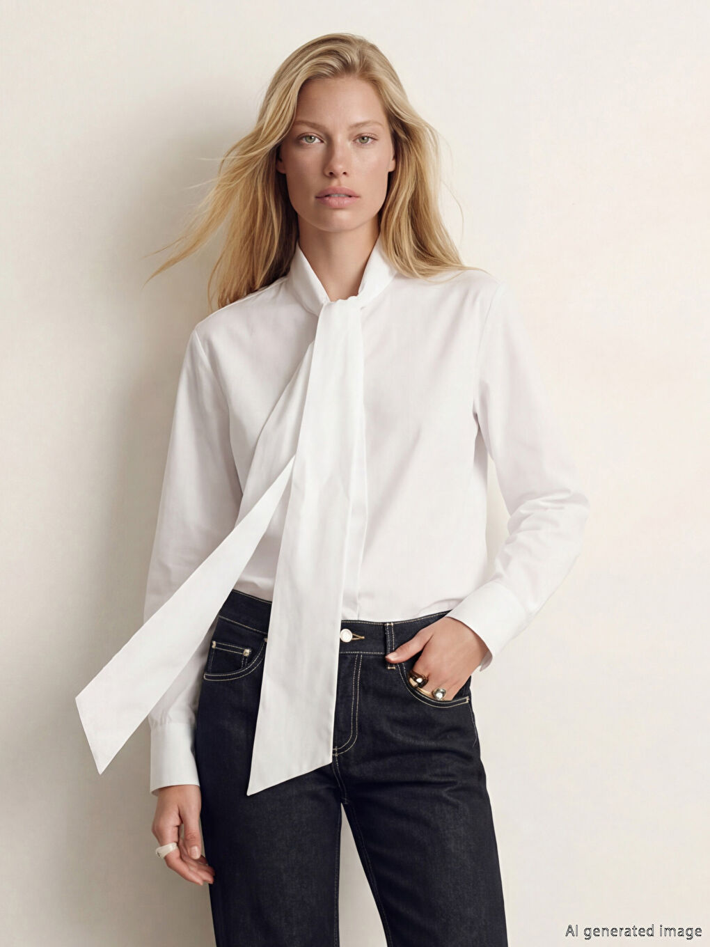 Beyaz Fular Yakalı Kadın Gömlek