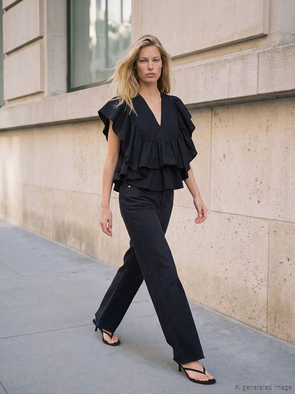 Siyah V Yaka Fırfırlı Bluz-1