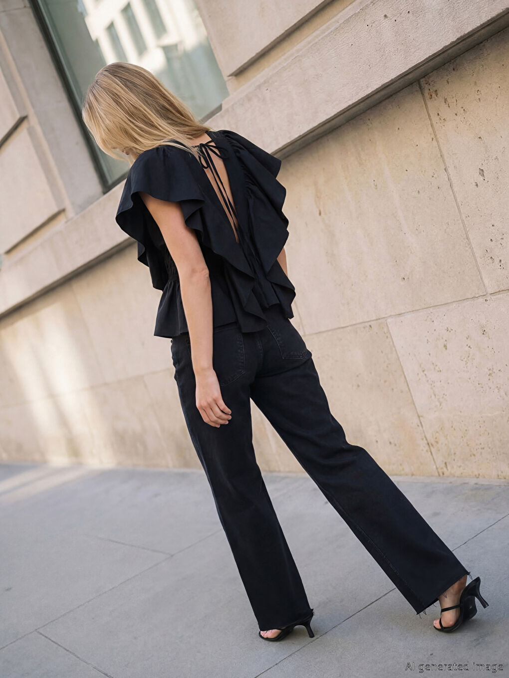 Siyah V Yaka Fırfırlı Bluz-2