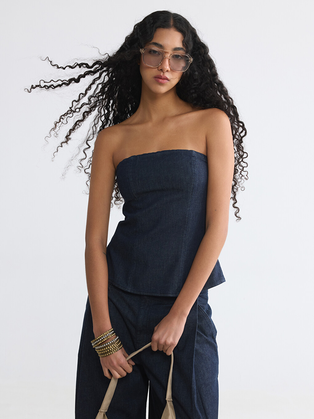 İndigo Straplez Yaka Jean Bluz-1