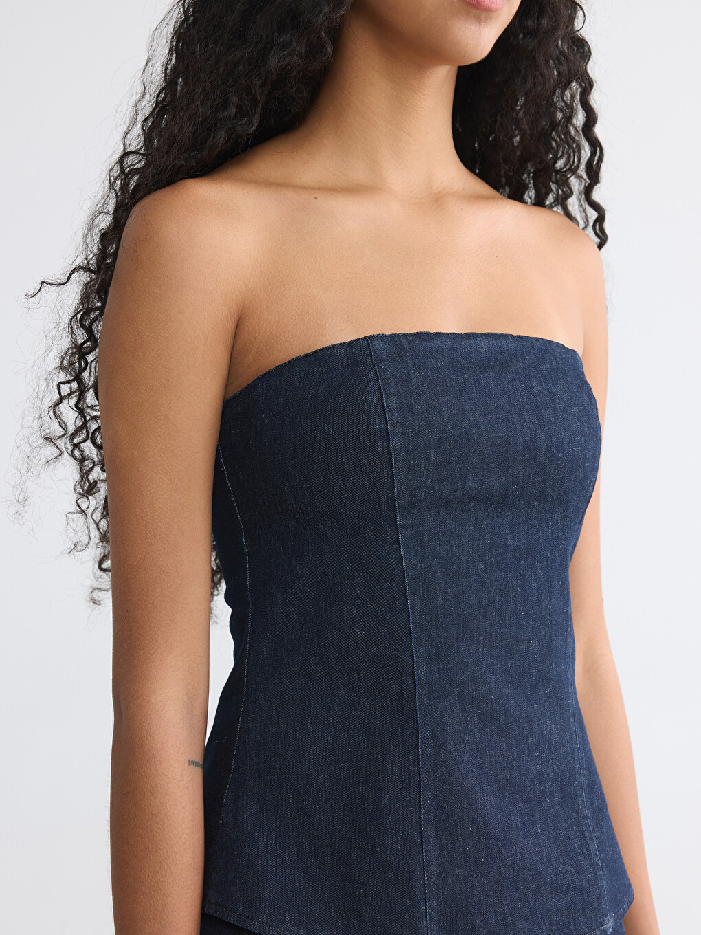 İndigo Straplez Yaka Jean Bluz-3