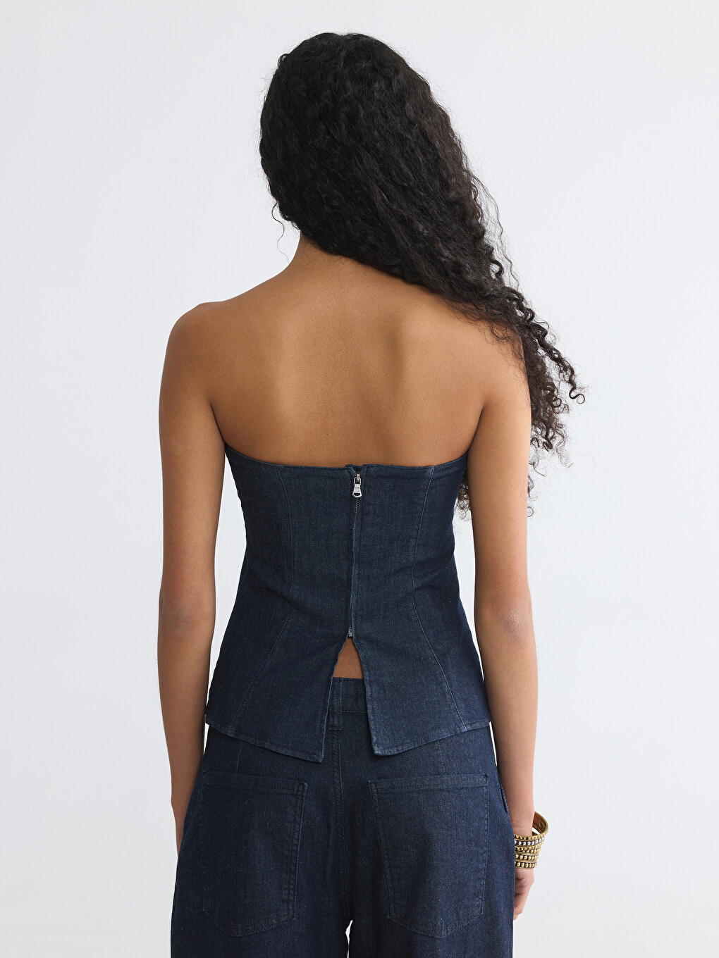 İndigo Straplez Yaka Jean Bluz-4