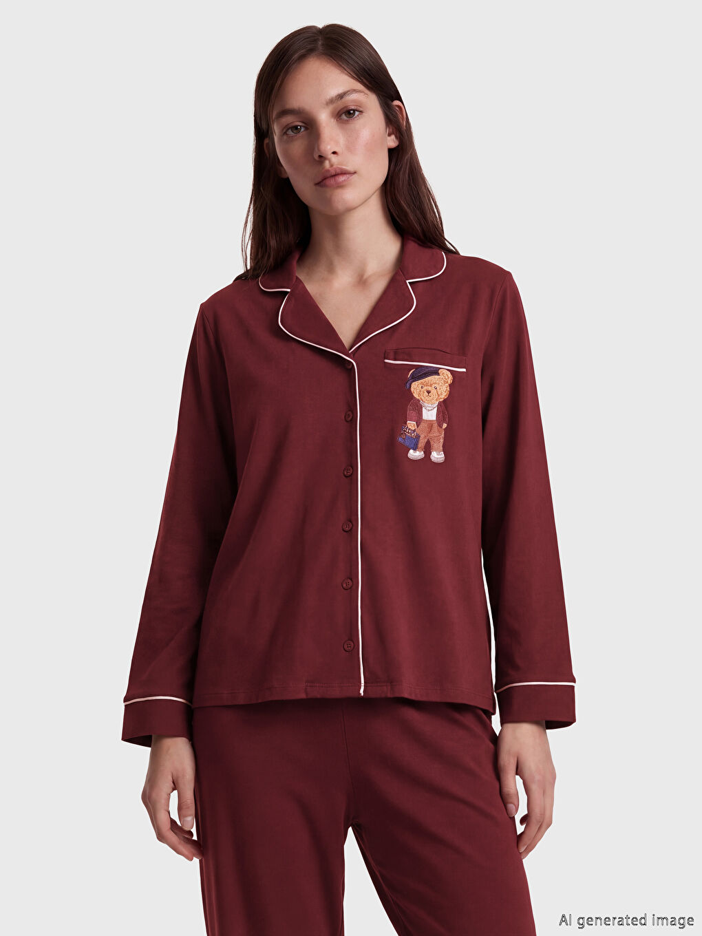 Bordo Gömlek Yaka Baskılı Kadın Pijama Takımı-1