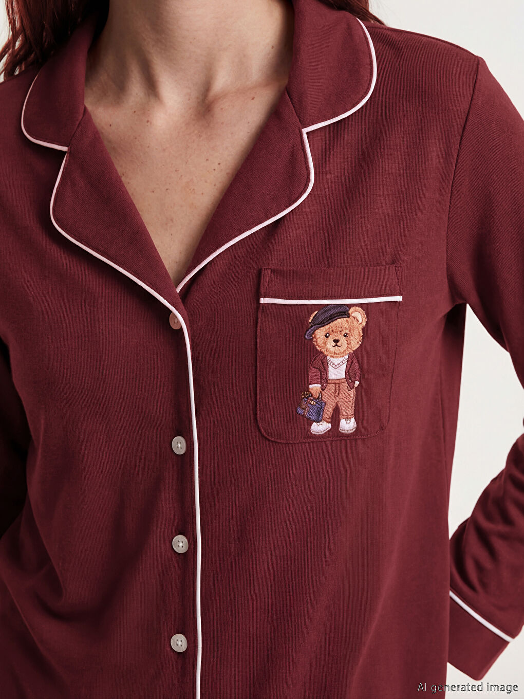 Bordo Gömlek Yaka Baskılı Kadın Pijama Takımı-2