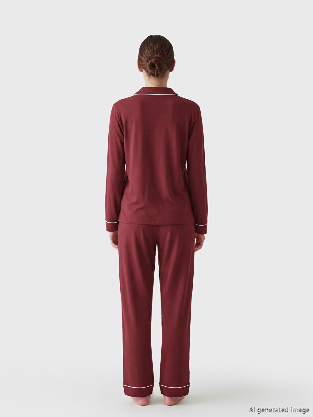 Bordo Gömlek Yaka Baskılı Kadın Pijama Takımı-3