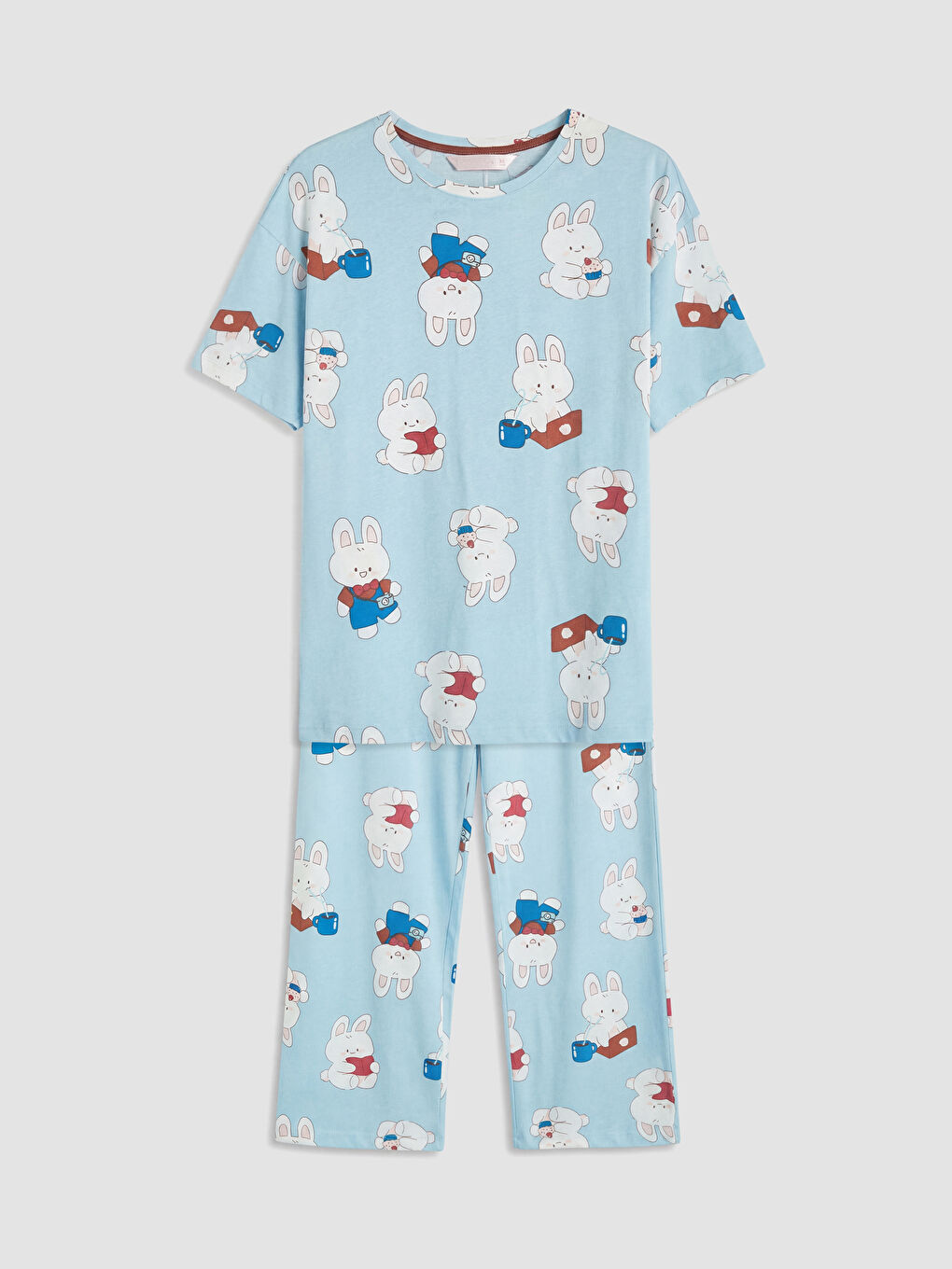 Mavi Bisiklet Yaka Baskılı Kadın Pijama Takımı