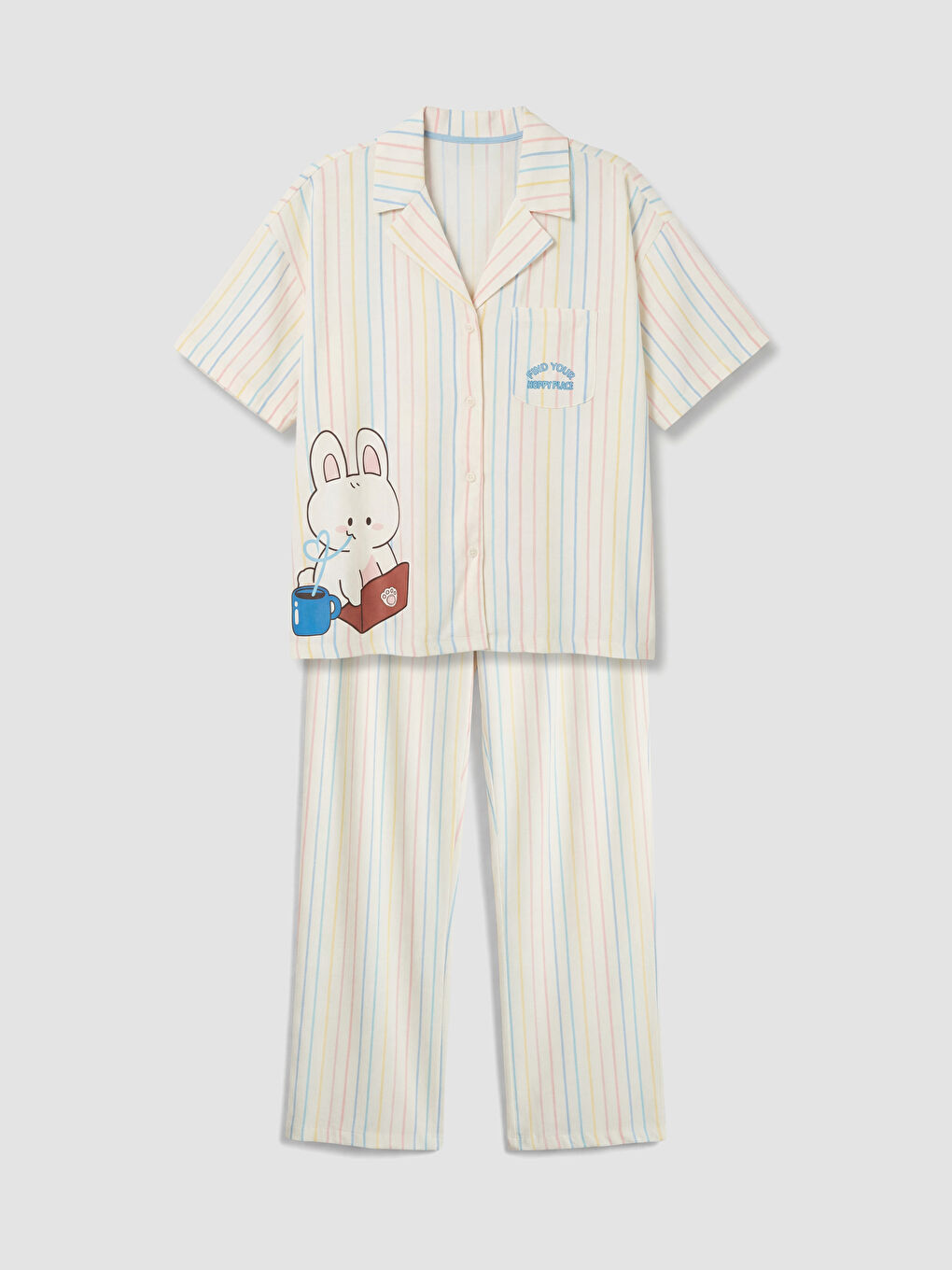 Ekru Gömlek Yaka Çizgili Kadın Pijama Takımı