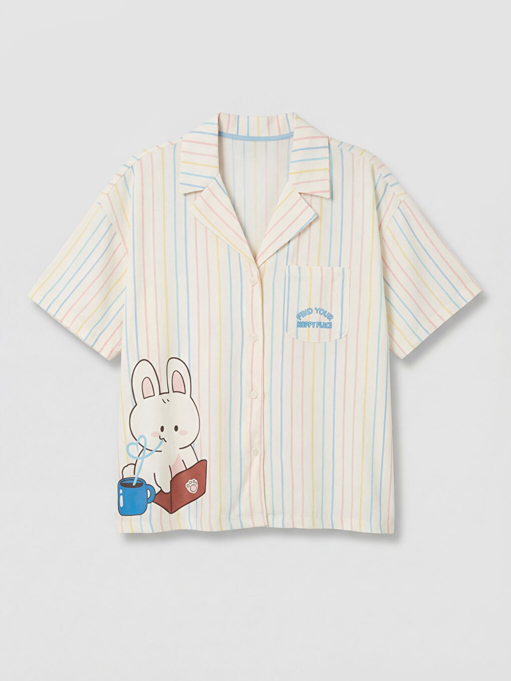 Ekru Gömlek Yaka Çizgili Kadın Pijama Takımı-1