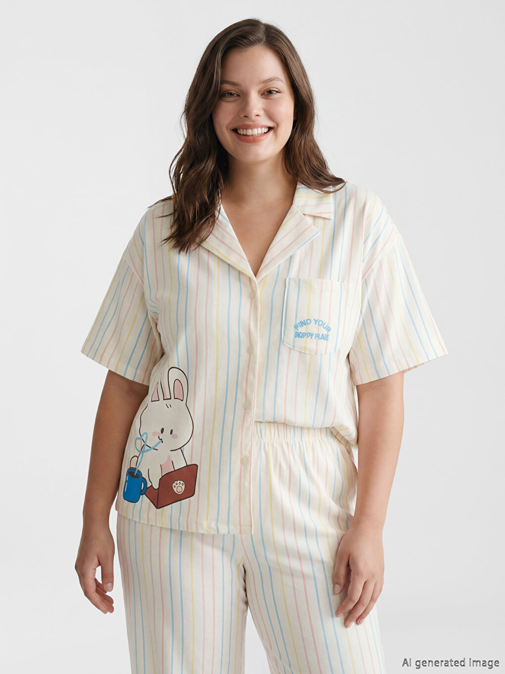 طقم بيجاما مُخَطَّط بياقة للسيدات برقبة-1