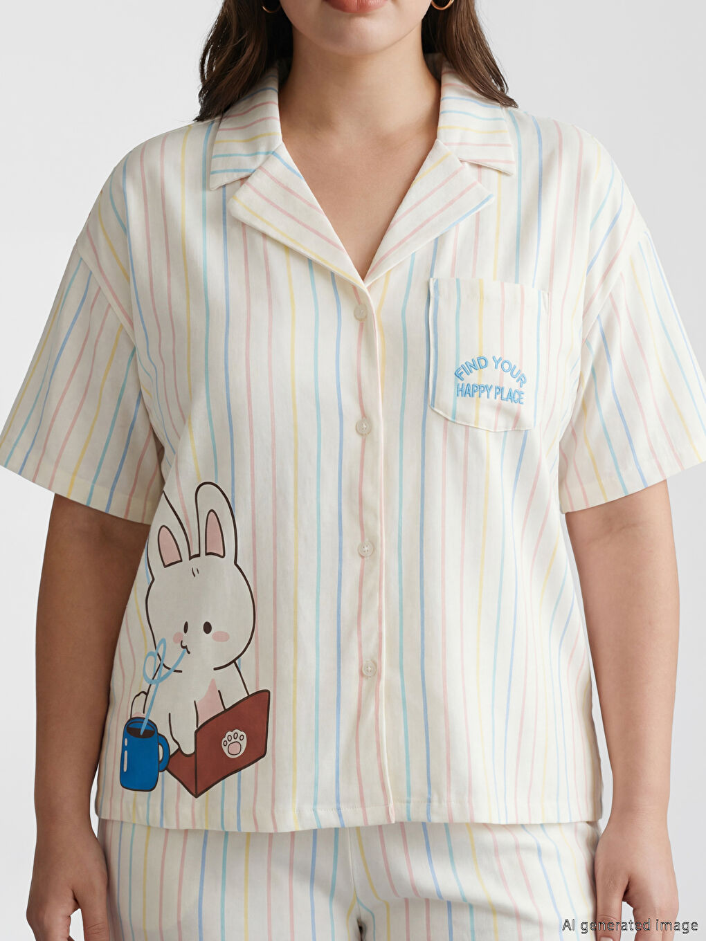 طقم بيجاما مُخَطَّط بياقة للسيدات برقبة-2