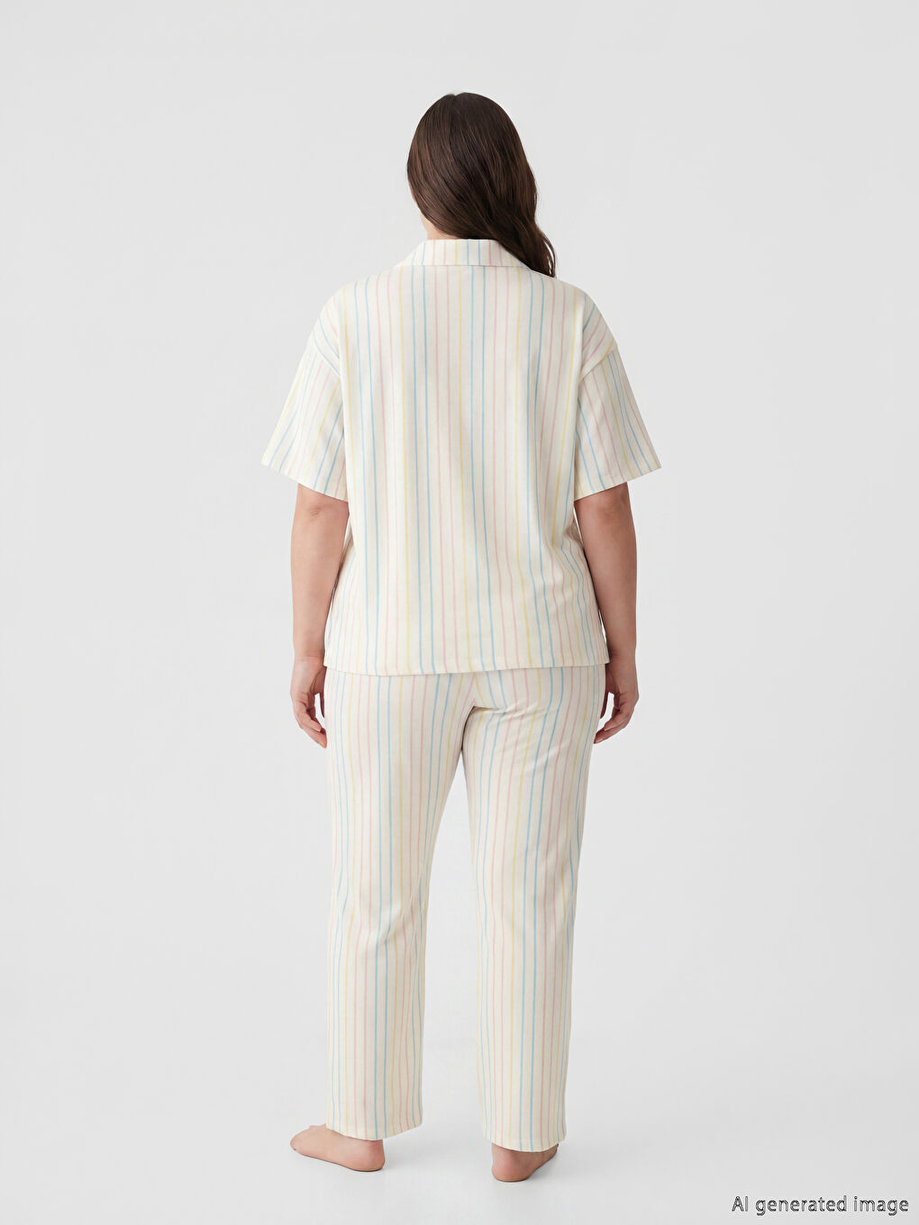 طقم بيجاما مُخَطَّط بياقة للسيدات برقبة-3