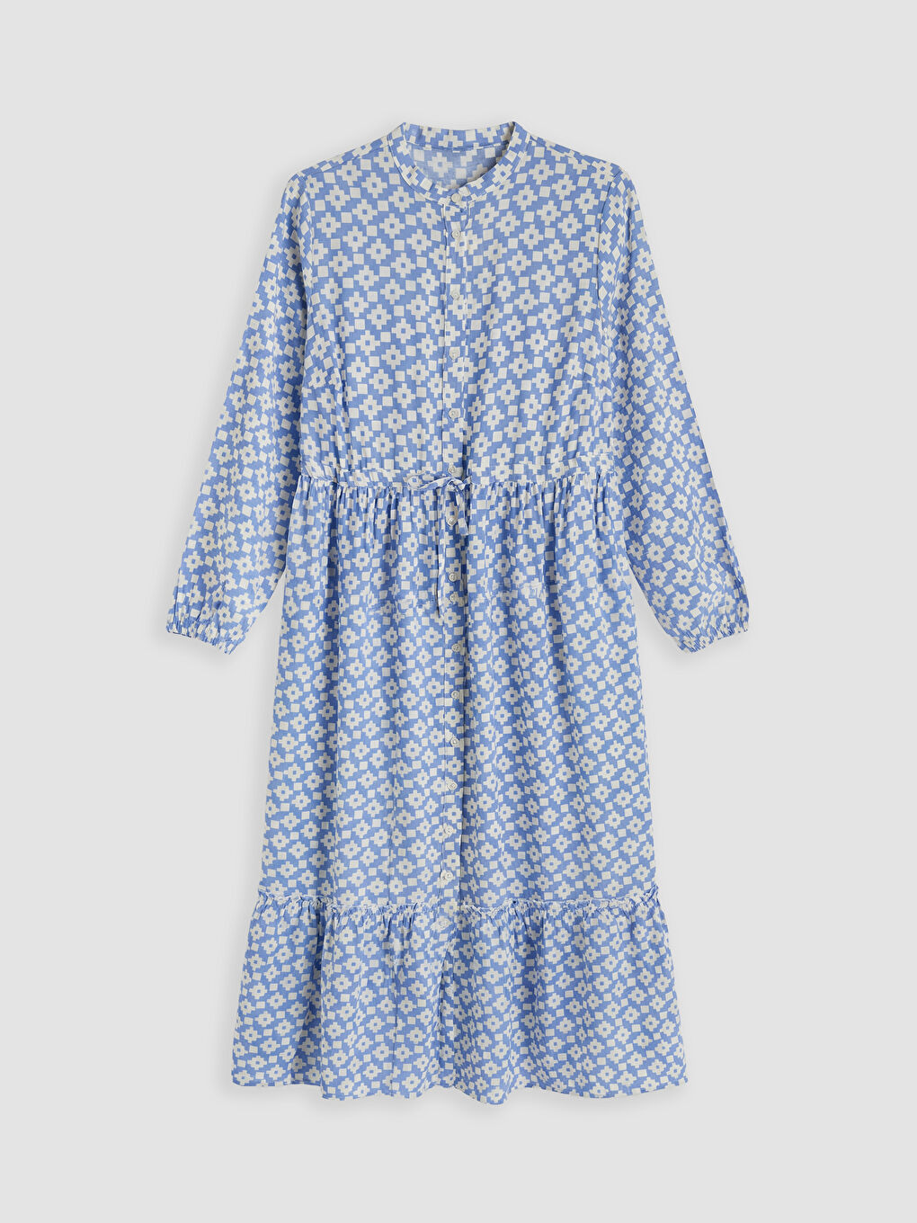 Mavi Hakim Yaka Desenli Belden Oturtmalı Elbise-4