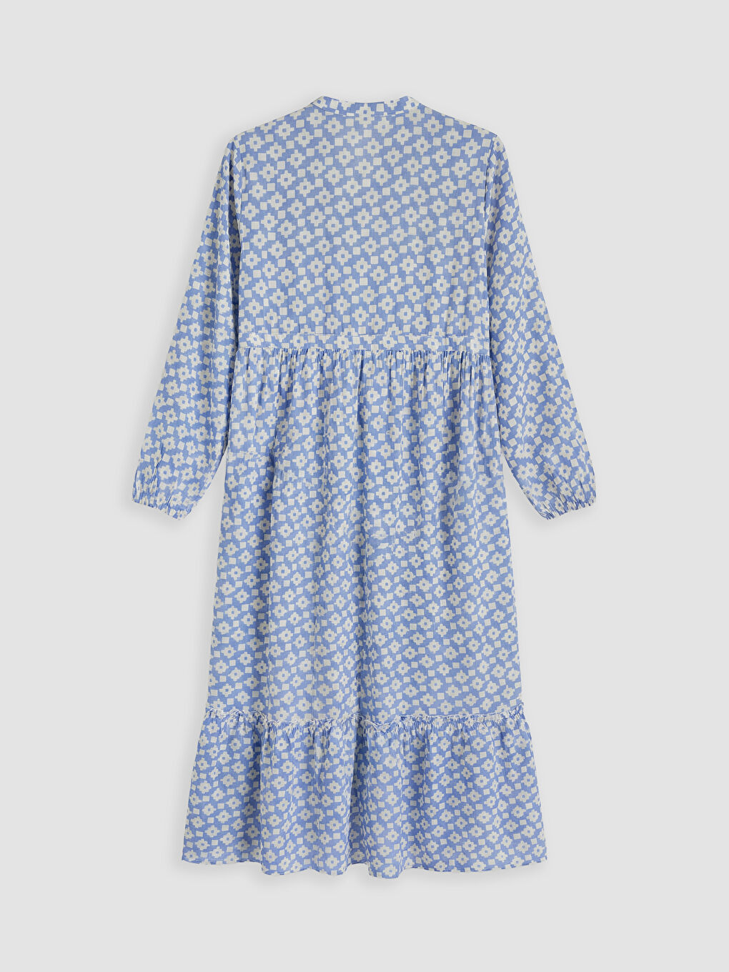 Mavi Hakim Yaka Desenli Belden Oturtmalı Elbise-5