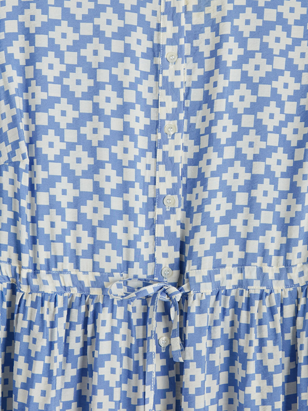 Mavi Hakim Yaka Desenli Belden Oturtmalı Elbise-6