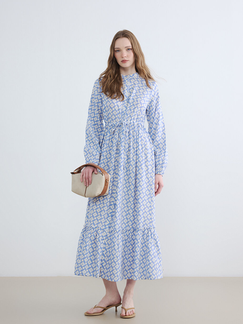 Mavi Hakim Yaka Desenli Belden Oturtmalı Elbise-1