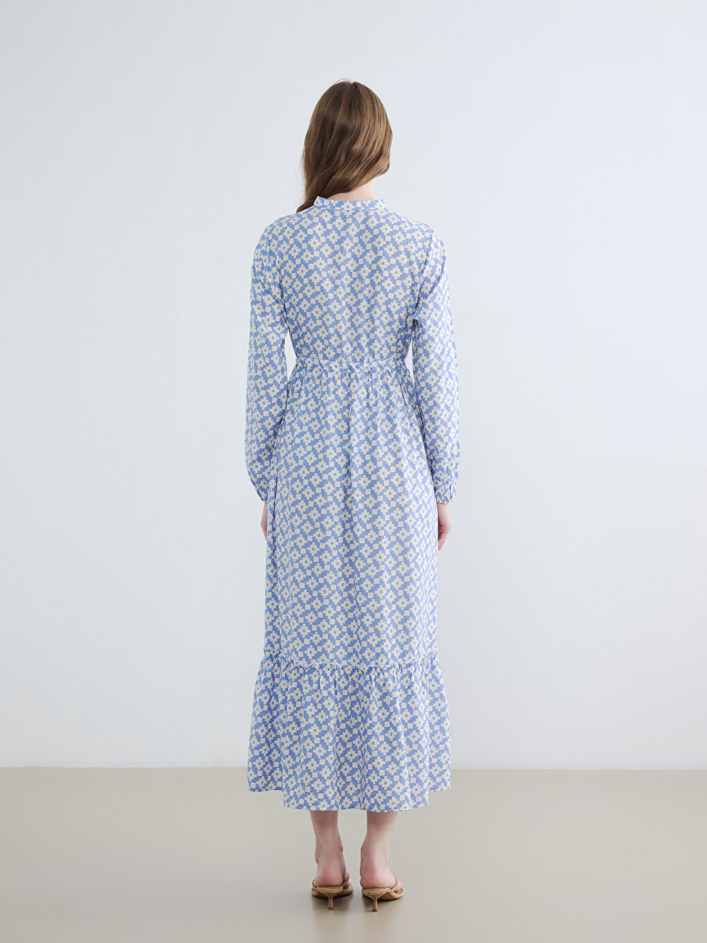 Mavi Hakim Yaka Desenli Belden Oturtmalı Elbise-3