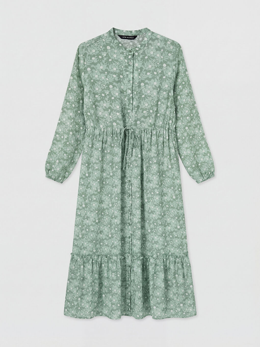 Yeşil Hakim Yaka Desenli Belden Oturtmalı Elbise