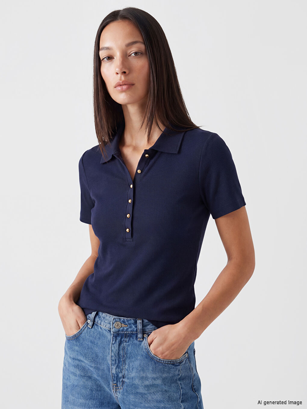 Lacivert Polo Yaka Kadın Tişört