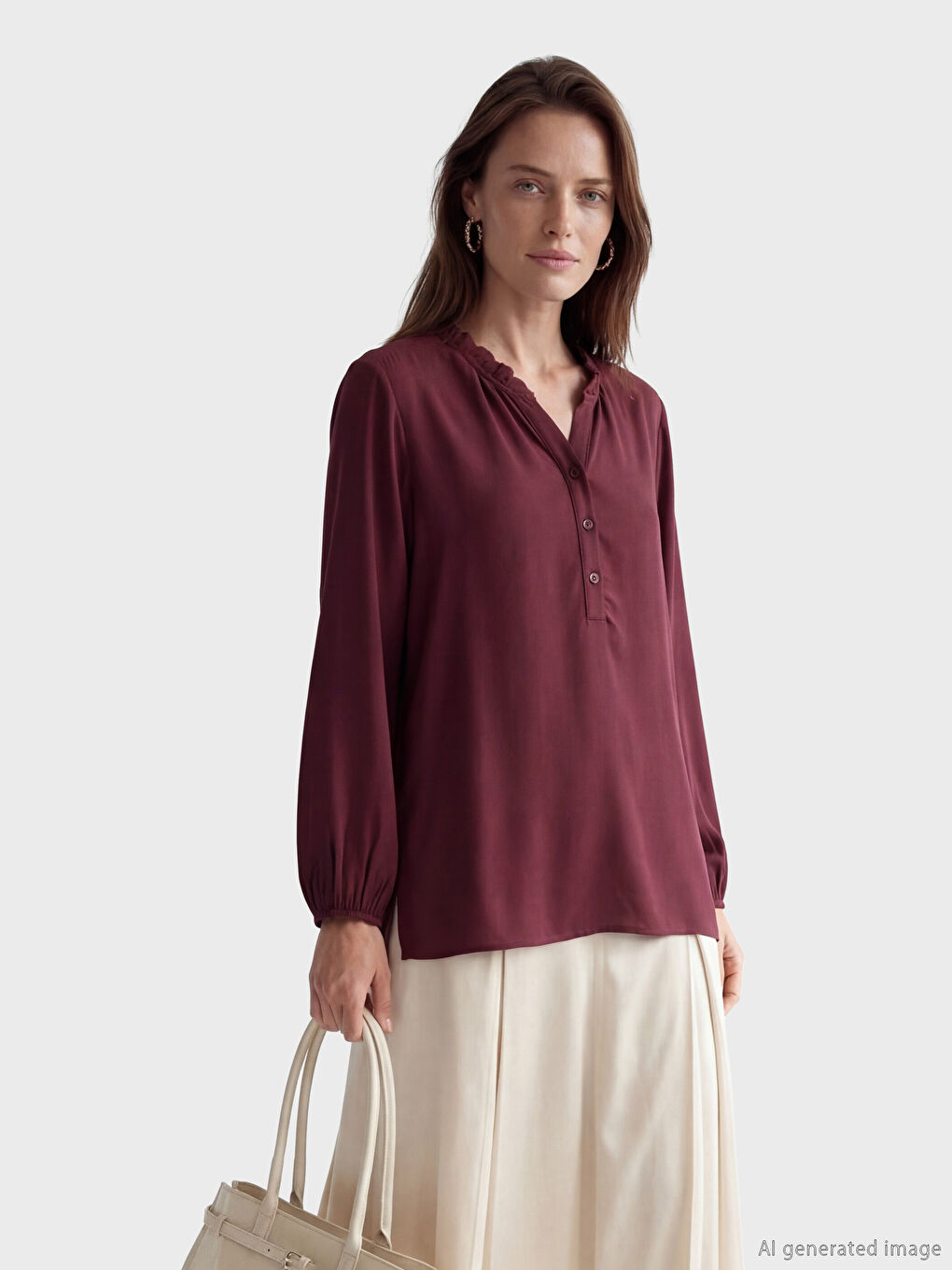 Bordo Fırfırlı Kaçık Yaka Bluz