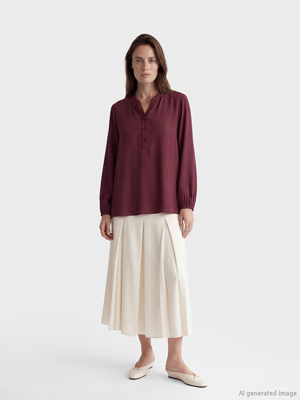 Bordo Fırfırlı Kaçık Yaka Bluz-1