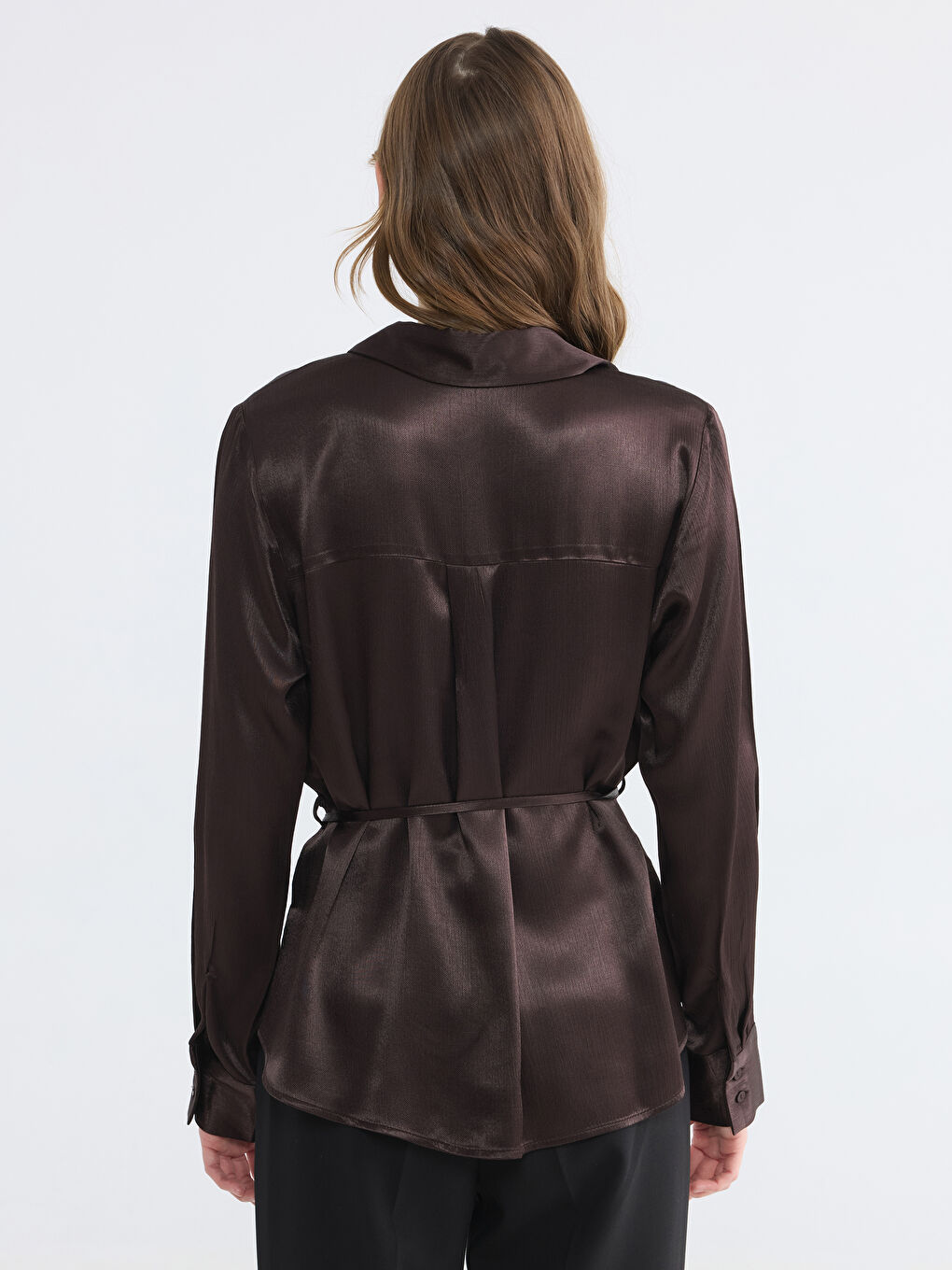 Kahverengi Beli Kuşaklı Kadın Gömlek-3