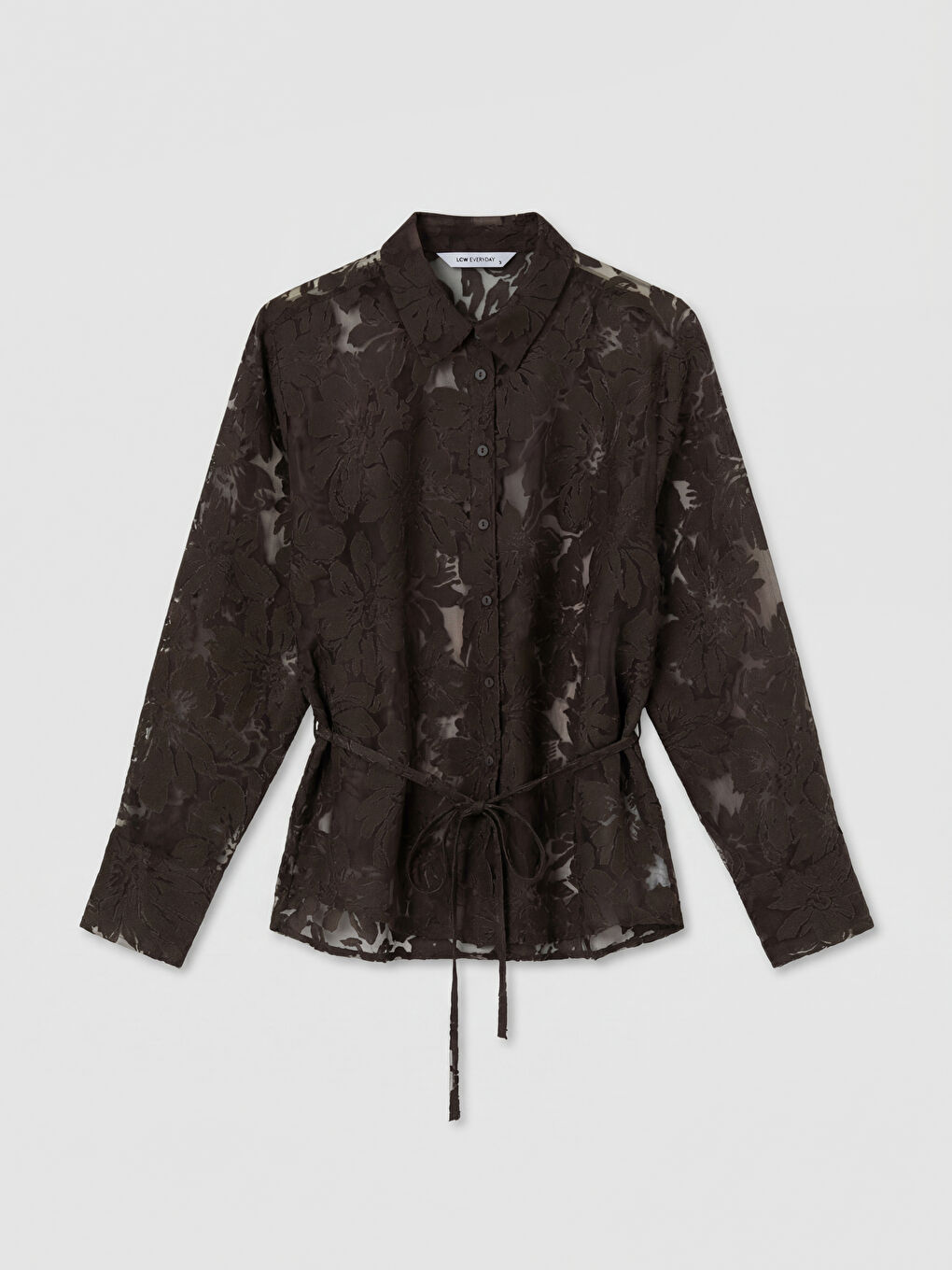 Kahverengi Çiçekli Kuşaklı Kadın Saten Gömlek