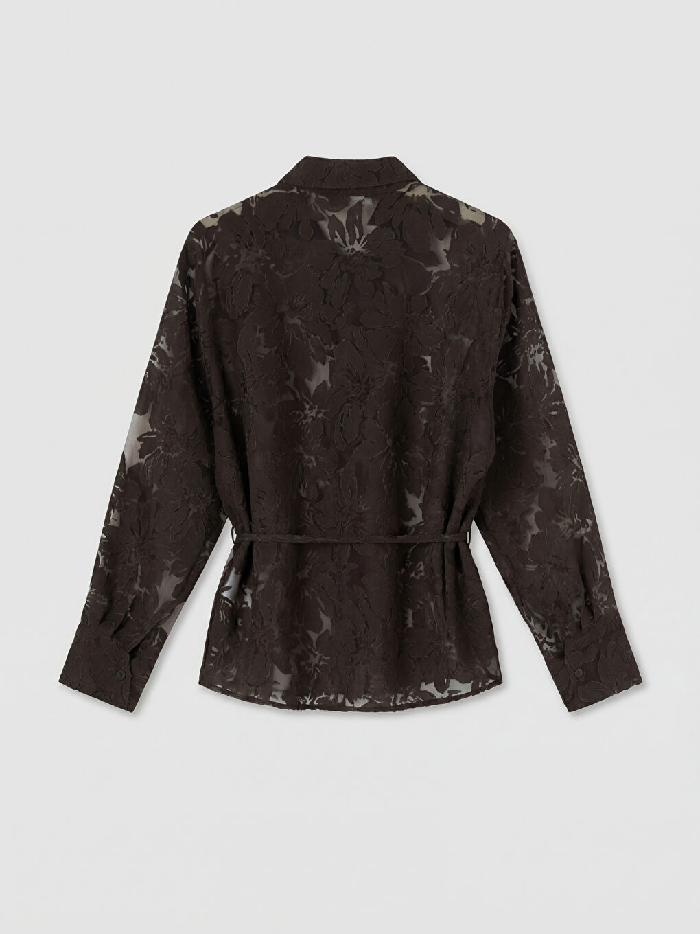 Kahverengi Çiçekli Kuşaklı Kadın Saten Gömlek-1