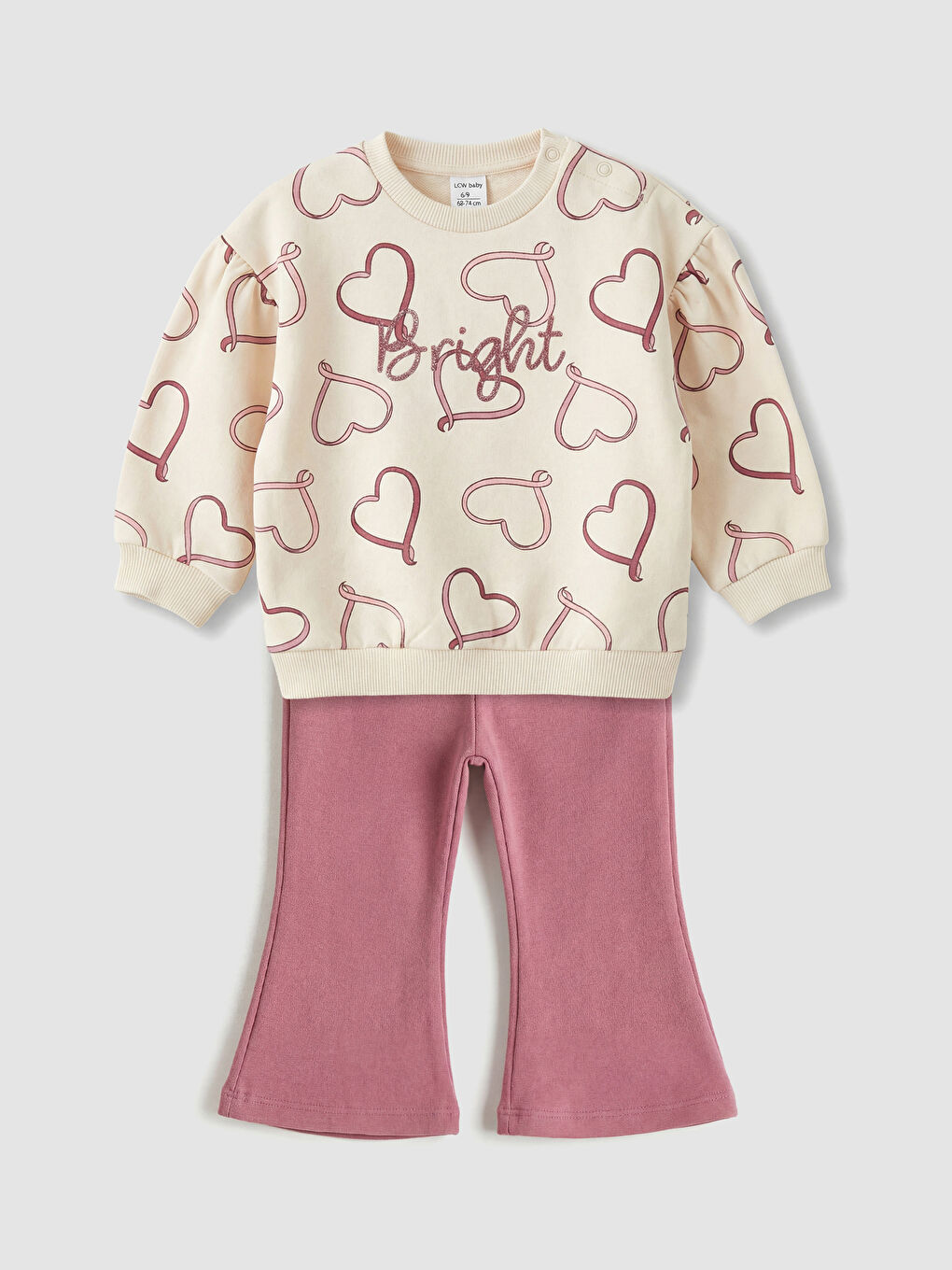 Ekru Kalp Baskılı Kız Bebek Sweatshirt ve Eşofman Alt