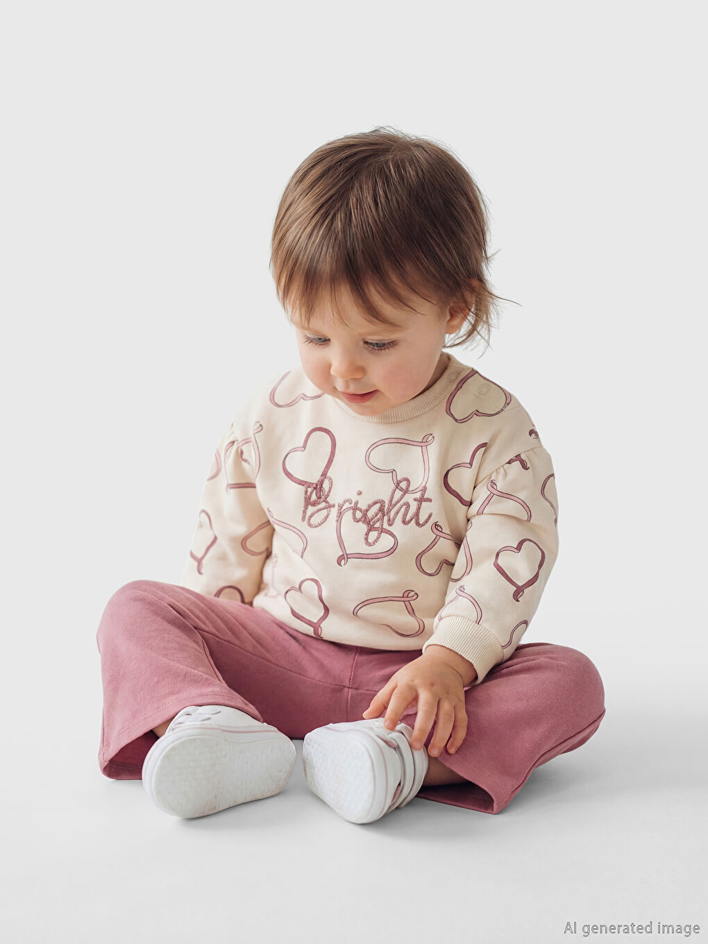 Ekru Kalp Baskılı Kız Bebek Sweatshirt ve Tayt-1