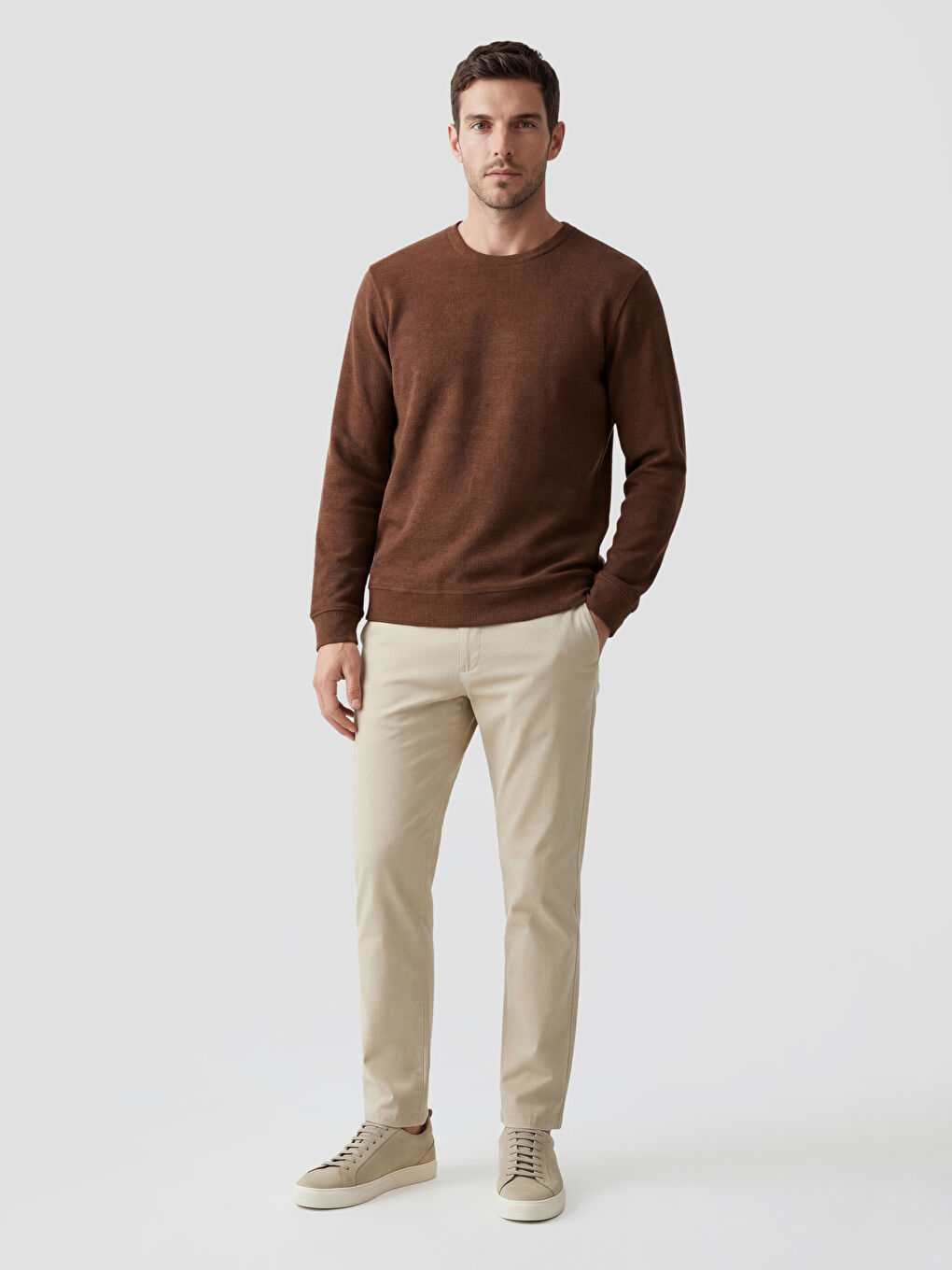 Kahverengi Bisiklet Yaka Erkek Sweatshirt-1