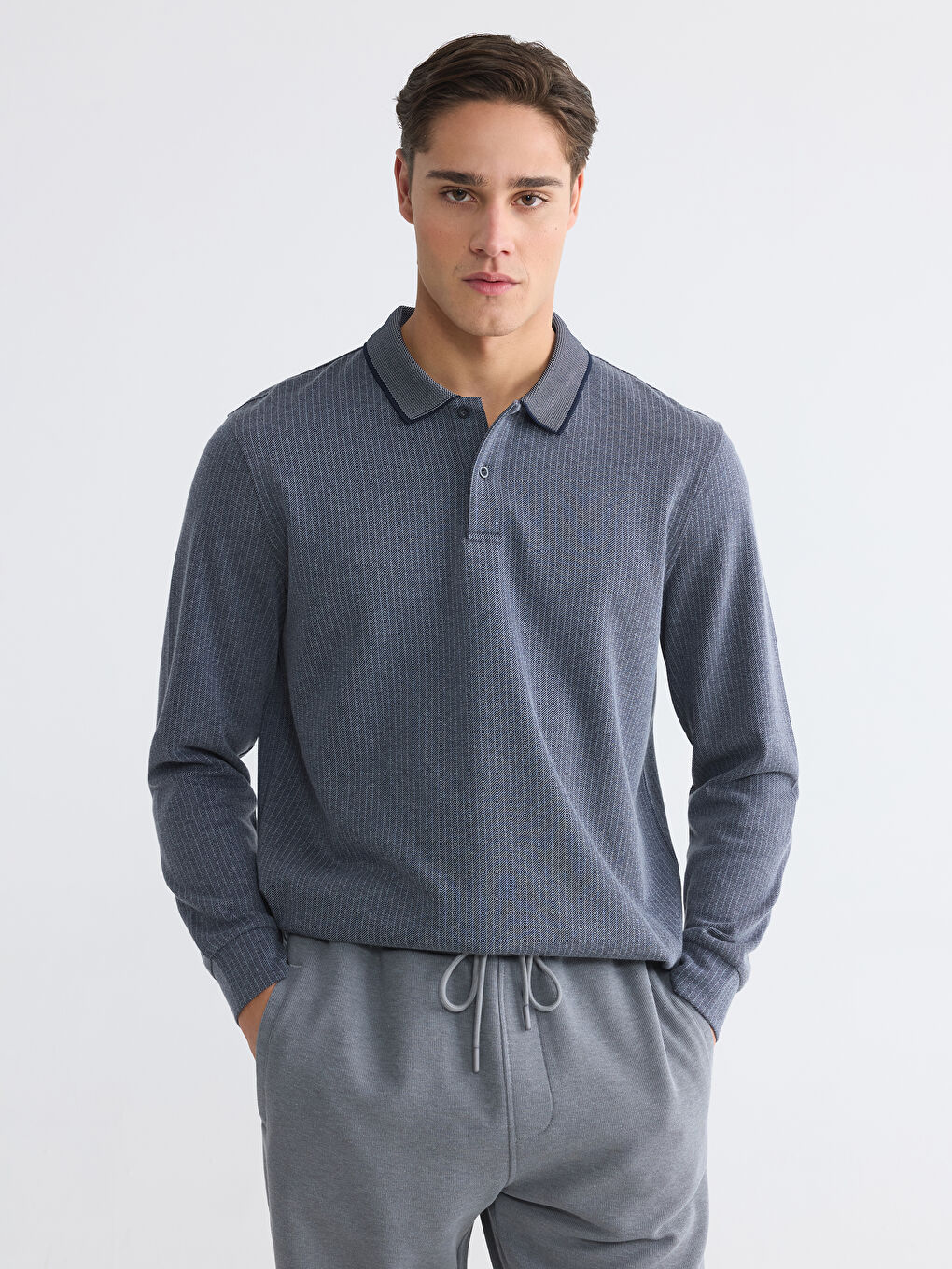 Lacivert Polo Yaka Erkek Sweatshirt-1